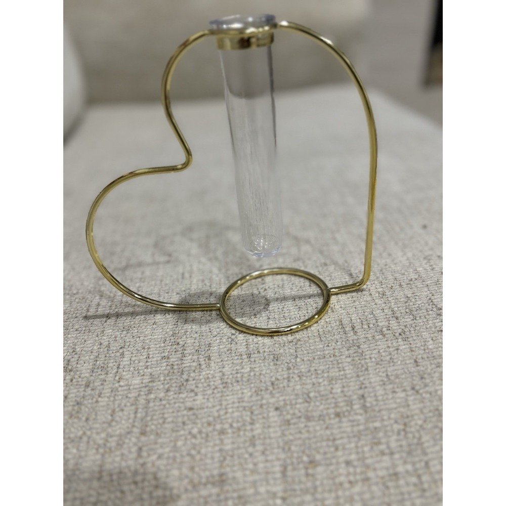 Heart Shaped Metal Bud Vase w Glass‎ Test Tube Gold Tone Minimalist Decor